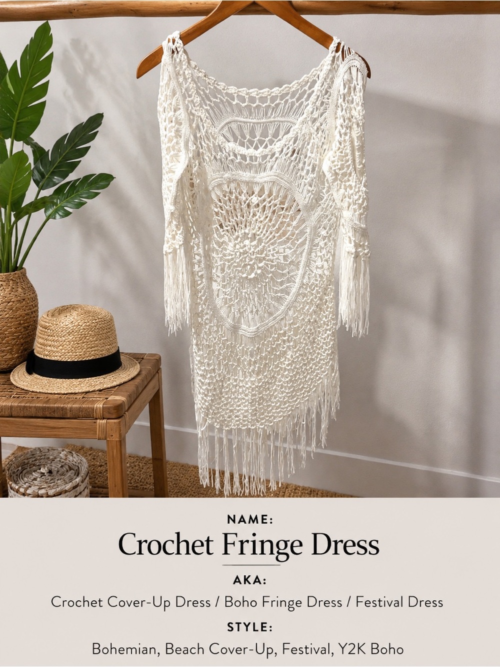 Crochet Fringe Dress - White Boho Cover-Up Y2K inspired